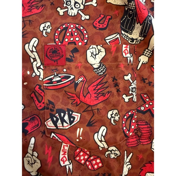 DIXXON Punk Rock Bowling Graphic Short Sleeve Button Up Shirt Red Black Large‎ - Picture 2 of 6